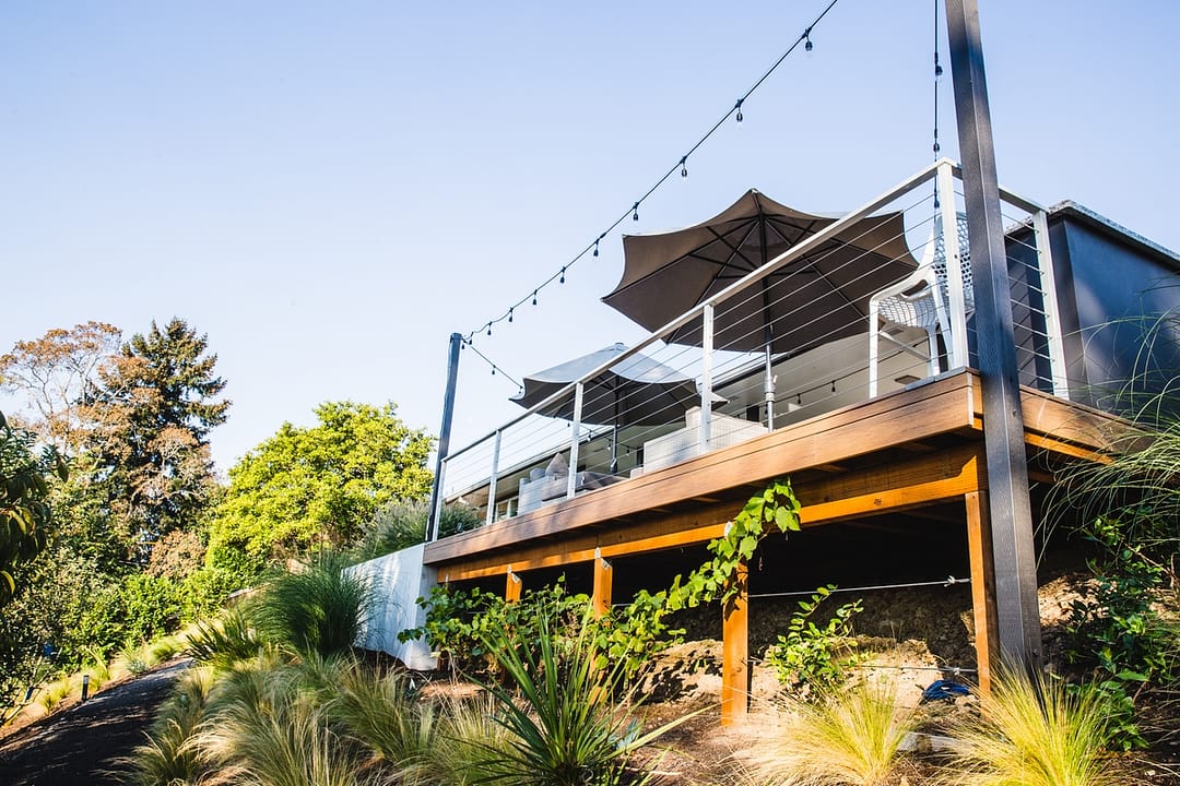 View of elevated deck from yard below